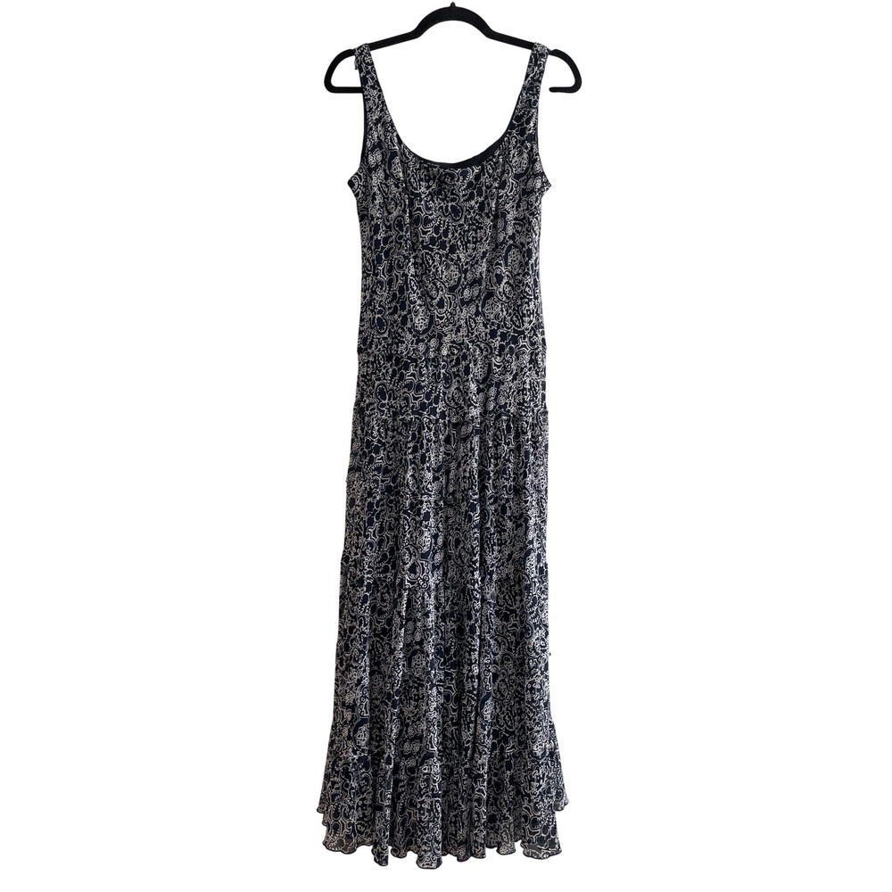 Jones New York Tiered Maxi Dress Navy White Boho Fringe Summer Dress 10 - Picture 2 of 8